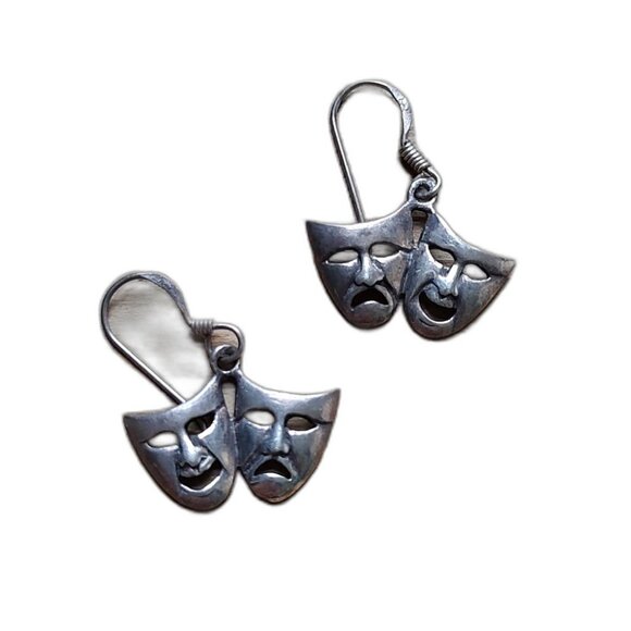 Vintage Jewelry - Sterling Silver 925 Vintage Theater Drama Comedy Masks Drop Dangle Earrings